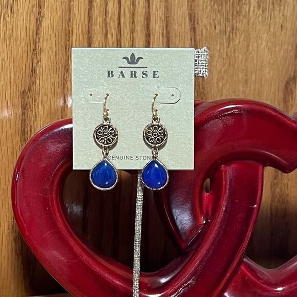 NWT BARSE Genuine Stones Bronze & Genuine Blue Agate Teardrop Drop Earrings #BJ - Picture 1 of 7